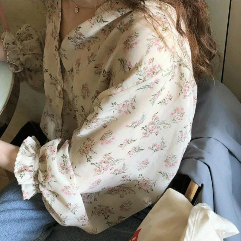 Shirts Women Floral Print V-neck Ins Ulzzang Chiffon Sweet Elegant Female Tunic Top Summer Vacation Streetwear 3XL Daily