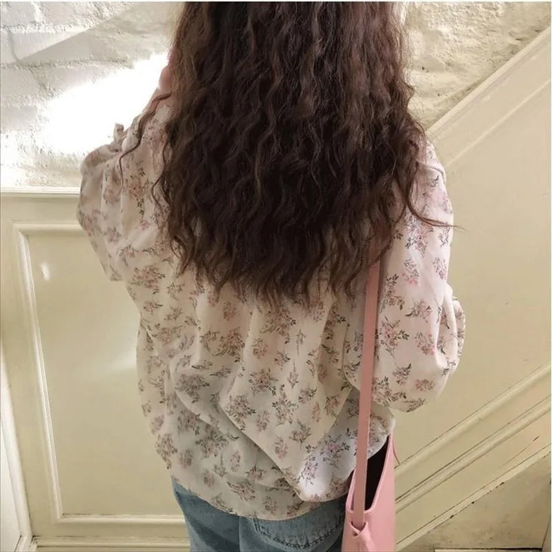 Shirts Women Floral Print V-neck Ins Ulzzang Chiffon Sweet Elegant Female Tunic Top Summer Vacation Streetwear 3XL Daily