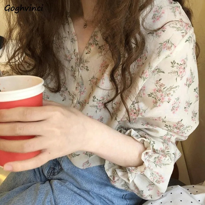 Shirts Women Floral Print V-neck Ins Ulzzang Chiffon Sweet Elegant Female Tunic Top Summer Vacation Streetwear 3XL Daily