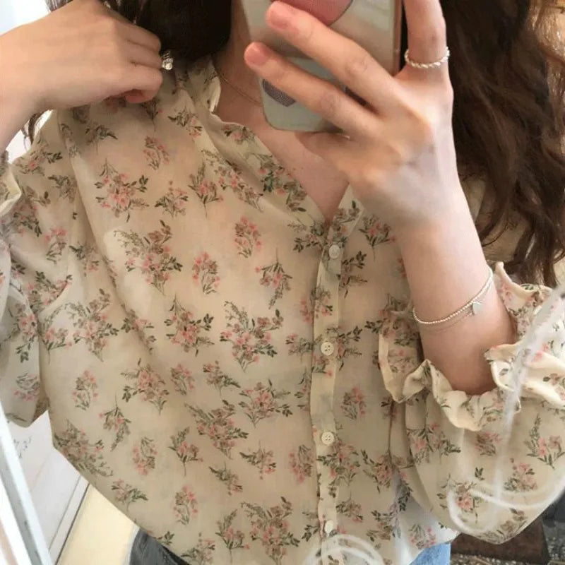 Shirts Women Floral Print V-neck Ins Ulzzang Chiffon Sweet Elegant Female Tunic Top Summer Vacation Streetwear 3XL Daily