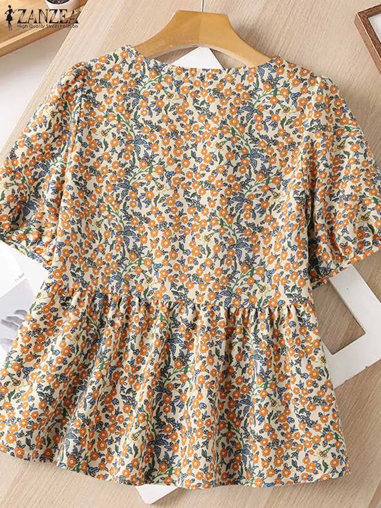 ZANZEA Sweety Tops Fashion Women Bohemian Blouse 2024 Summer Square Collar Floral Printed Shirts Holiday Pleating Office Tunics