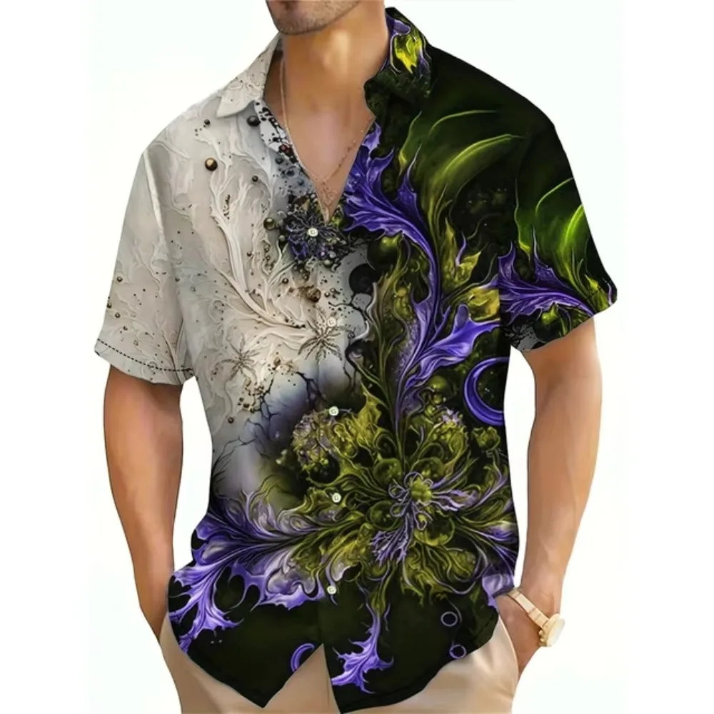 Vintage Flower Pattern 3D Printed Men's Colorblock Short Sleeve Lapel Hawaiian Style Shirt for Summer Vacation Oversized Tops