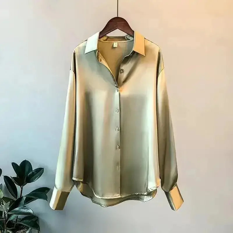 2025 Silk Korean Office Ladies Elegant Shirt Blouse Women Fashion Button Up Satin Shirt Vintage White Long Sleeve Shirts Tops