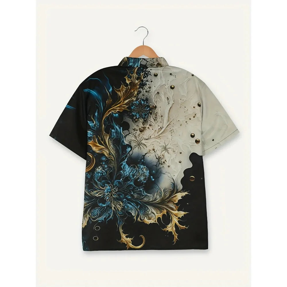 Vintage Flower Pattern 3D Printed Men's Colorblock Short Sleeve Lapel Hawaiian Style Shirt for Summer Vacation Oversized Tops