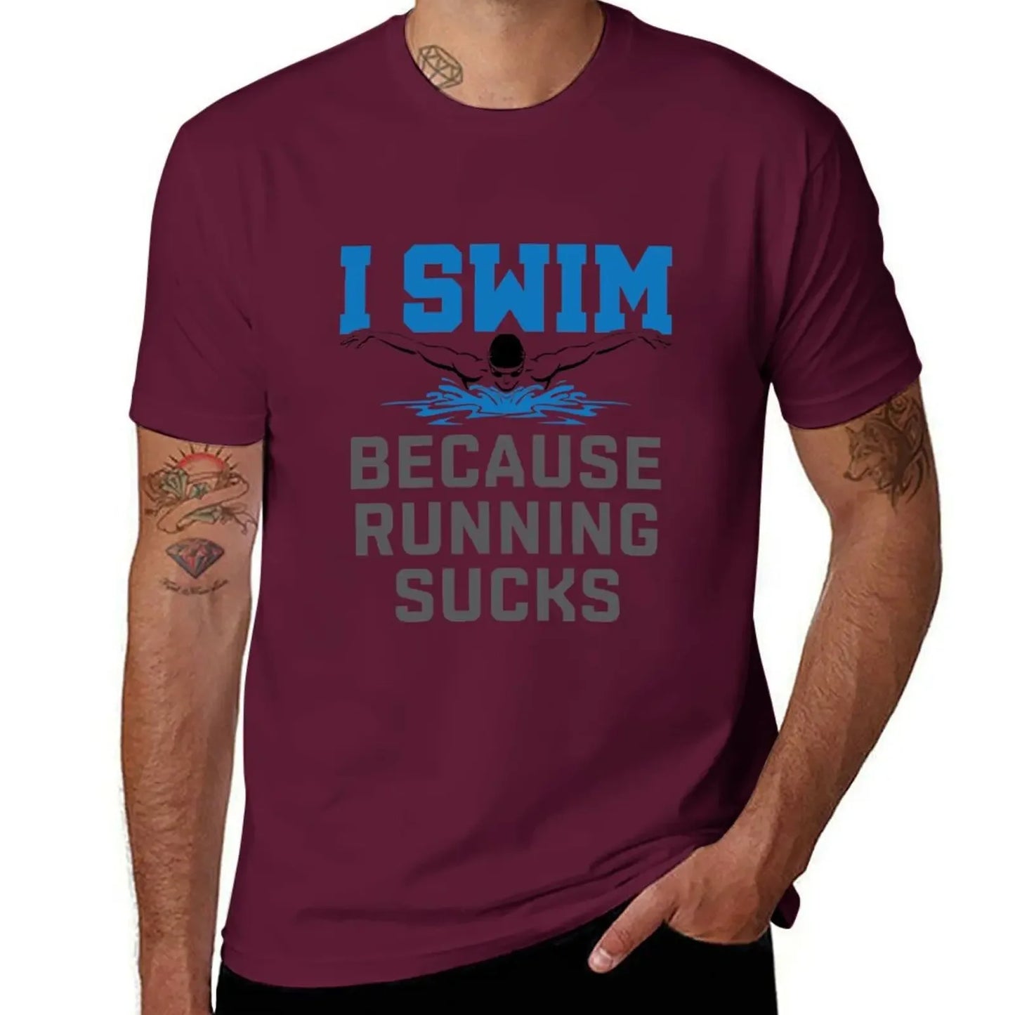 I Swim Because Running Sucks Funny Swimmer Swimming T-Shirt tees cheap stuff plain heavyweights men clothes