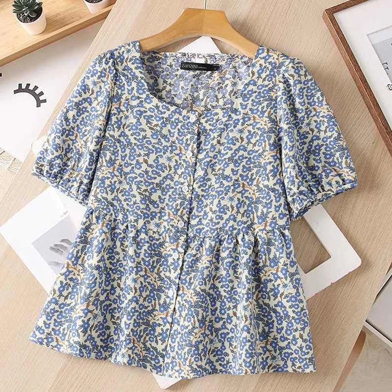 ZANZEA Sweety Tops Fashion Women Bohemian Blouse 2024 Summer Square Collar Floral Printed Shirts Holiday Pleating Office Tunics