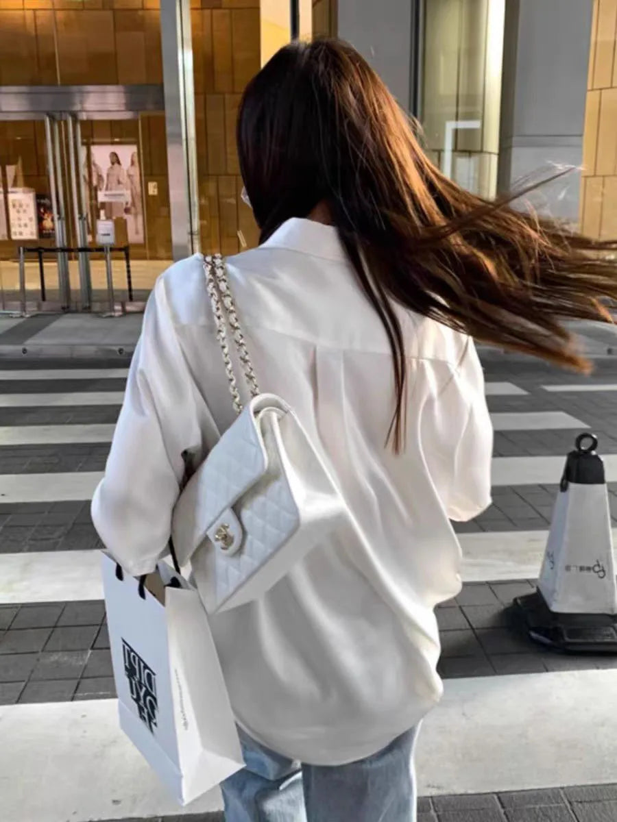 Women Autumn Shirt Vintage Stain Blouse Long Sleeve Button Down Silky Shirt Office Lady Top Korean Ladies Blouse Female Clothing