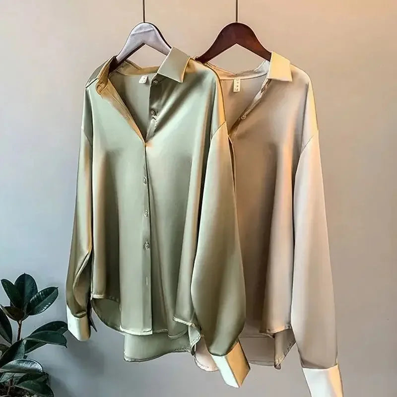 2025 Silk Korean Office Ladies Elegant Shirt Blouse Women Fashion Button Up Satin Shirt Vintage White Long Sleeve Shirts Tops