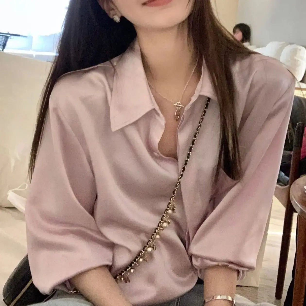 Women Autumn Shirt Vintage Stain Blouse Long Sleeve Button Down Silky Shirt Office Lady Top Korean Ladies Blouse Female Clothing
