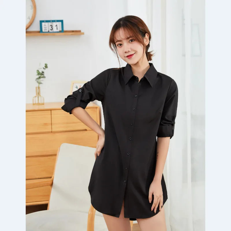 Mid Length Women Shirt Korean Fashion Womens Tops BF Sexy Shirt Long Sleeve Blouse Women Autumn Female Clothes White Shirt Women