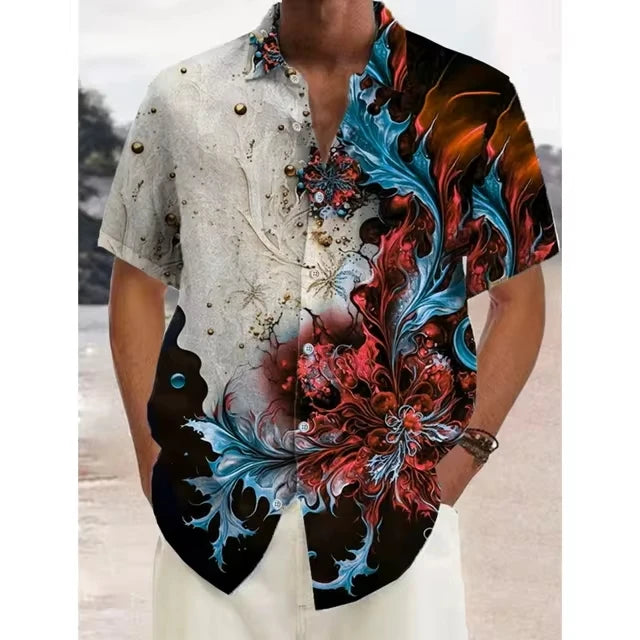 Vintage Flower Pattern 3D Printed Men's Colorblock Short Sleeve Lapel Hawaiian Style Shirt for Summer Vacation Oversized Tops