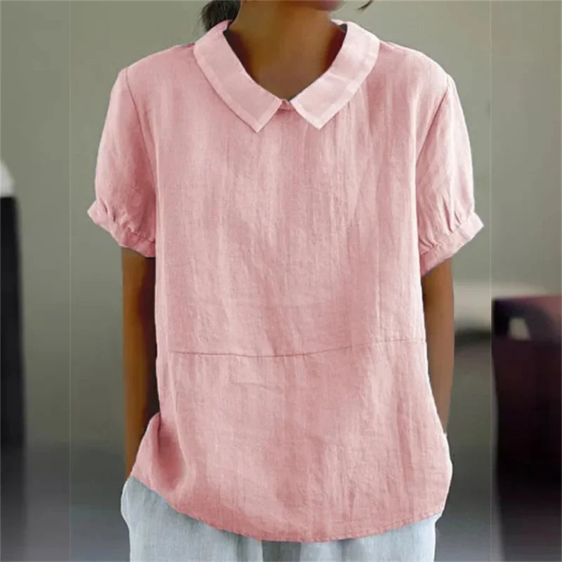 Solid Color Cotton Linen Lapel Pullover Shirt Women Summer Short Sleeve Blouse Female Comfortable Casual Simple Style Tops 2024