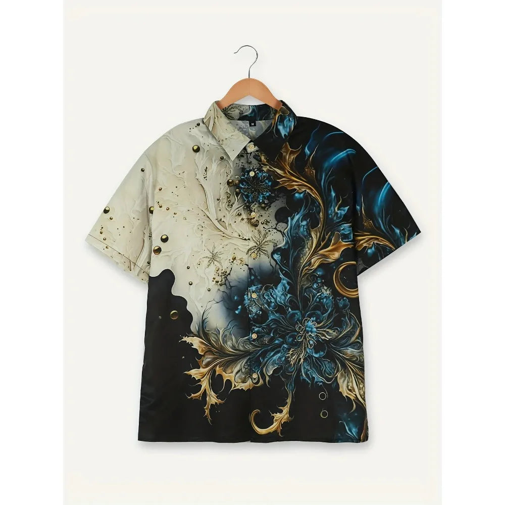Vintage Flower Pattern 3D Printed Men's Colorblock Short Sleeve Lapel Hawaiian Style Shirt for Summer Vacation Oversized Tops
