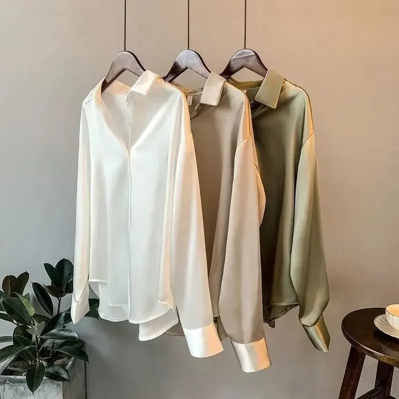 2025 Silk Korean Office Ladies Elegant Shirt Blouse Women Fashion Button Up Satin Shirt Vintage White Long Sleeve Shirts Tops