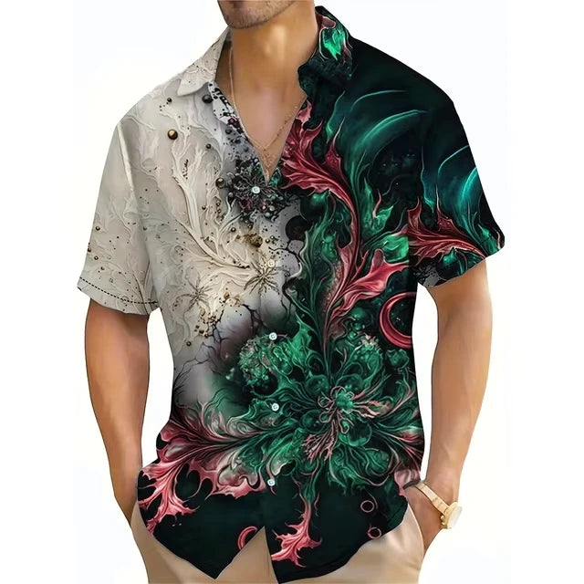 Vintage Flower Pattern 3D Printed Men's Colorblock Short Sleeve Lapel Hawaiian Style Shirt for Summer Vacation Oversized Tops