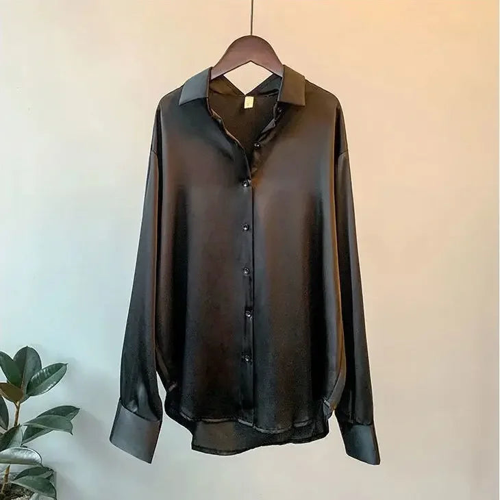 2025 Silk Korean Office Ladies Elegant Shirt Blouse Women Fashion Button Up Satin Shirt Vintage White Long Sleeve Shirts Tops