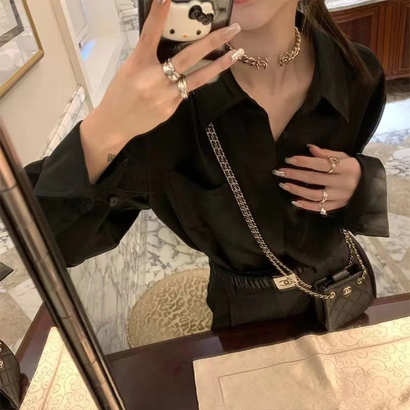 Women Autumn Shirt Vintage Stain Blouse Long Sleeve Button Down Silky Shirt Office Lady Top Korean Ladies Blouse Female Clothing