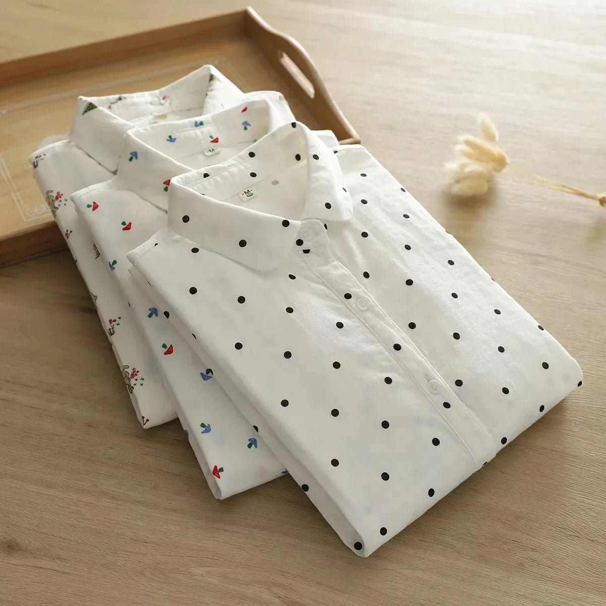 New Autumn Cotton Yarn Shirt Women Turn Down Collar Tops Girl Long Sleeve Print Cute Loose Skin Friendly Blouses Spring T39802QM