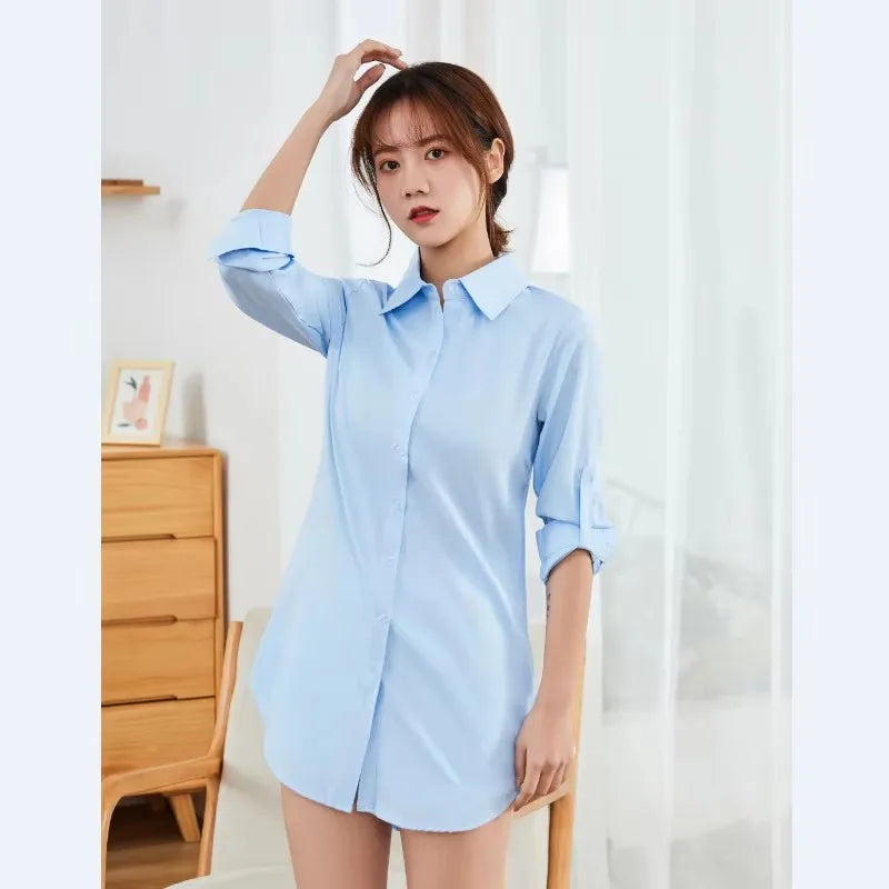Mid Length Women Shirt Korean Fashion Womens Tops BF Sexy Shirt Long Sleeve Blouse Women Autumn Female Clothes White Shirt Women