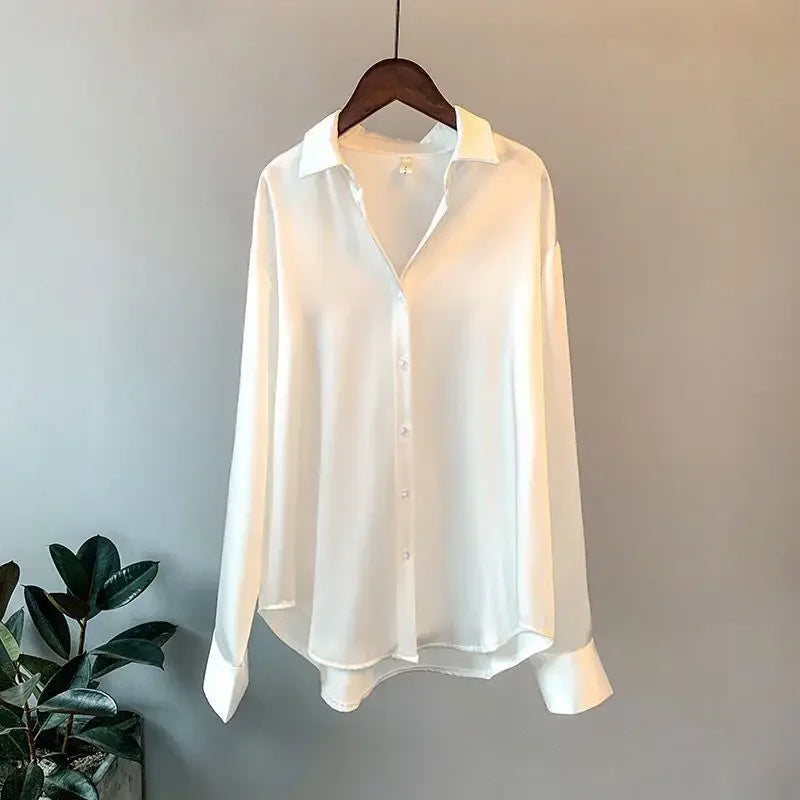 2025 Silk Korean Office Ladies Elegant Shirt Blouse Women Fashion Button Up Satin Shirt Vintage White Long Sleeve Shirts Tops