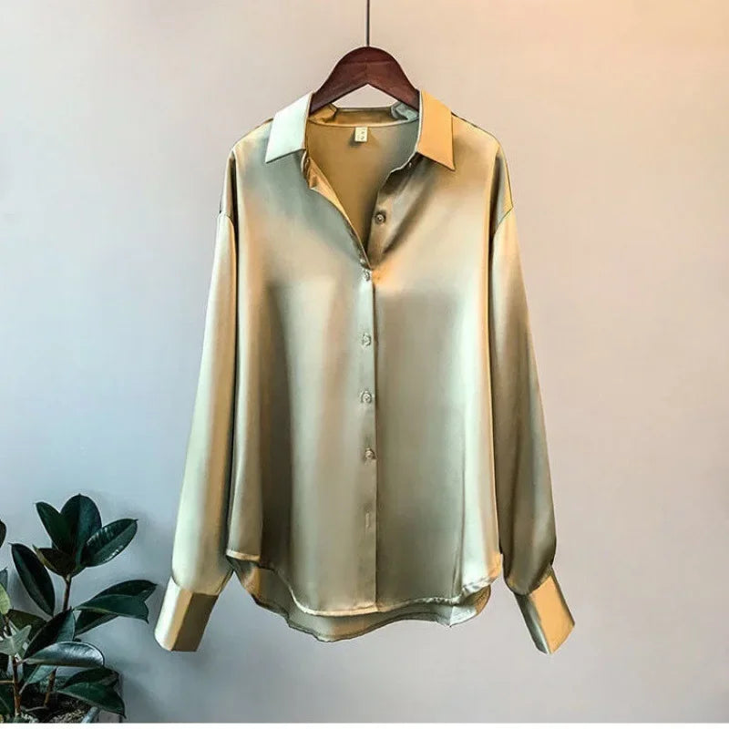 2025 Silk Korean Office Ladies Elegant Shirt Blouse Women Fashion Button Up Satin Shirt Vintage White Long Sleeve Shirts Tops