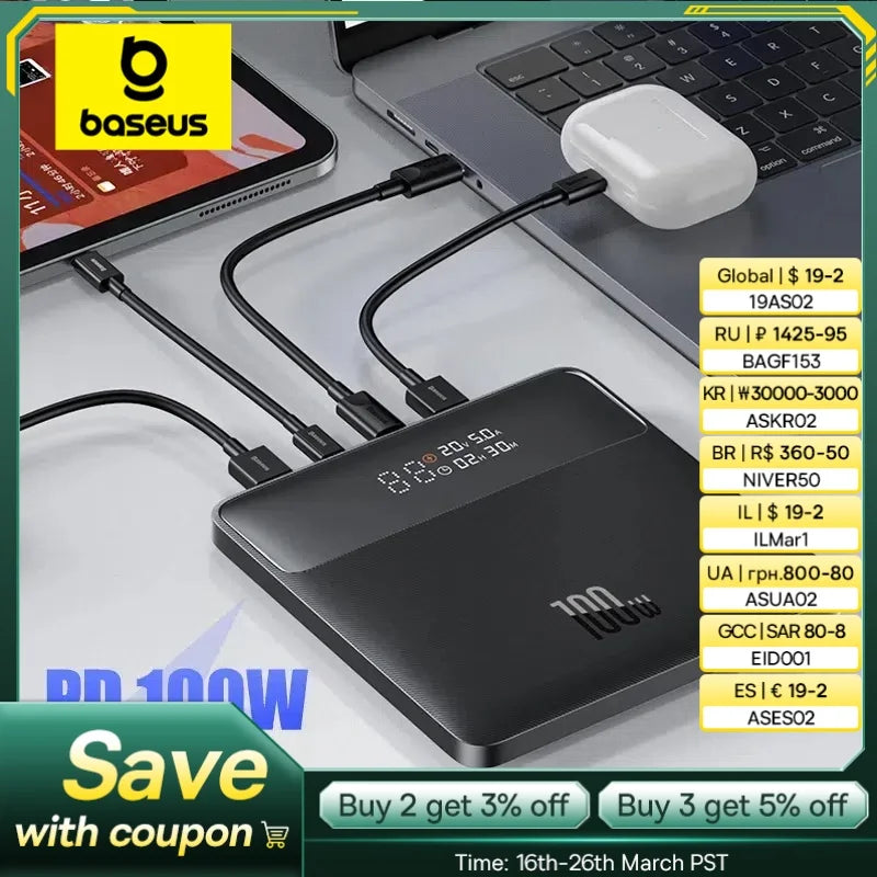 Baseus Blade H1 100W Power Bank 20000mAh PD Fast Charging Portable External Battery Charger For Laptops iPhone 16 Pro Max