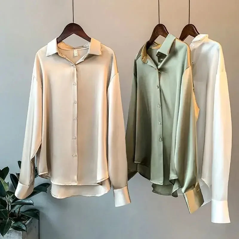 2025 Silk Korean Office Ladies Elegant Shirt Blouse Women Fashion Button Up Satin Shirt Vintage White Long Sleeve Shirts Tops