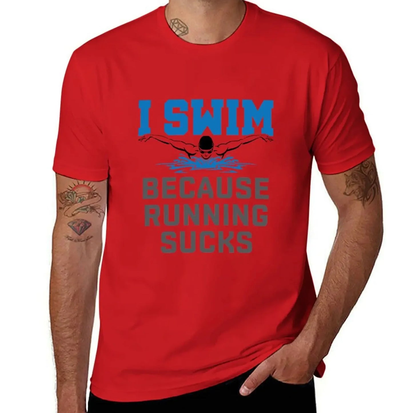 I Swim Because Running Sucks Funny Swimmer Swimming T-Shirt tees cheap stuff plain heavyweights men clothes
