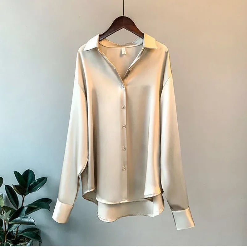 2025 Silk Korean Office Ladies Elegant Shirt Blouse Women Fashion Button Up Satin Shirt Vintage White Long Sleeve Shirts Tops