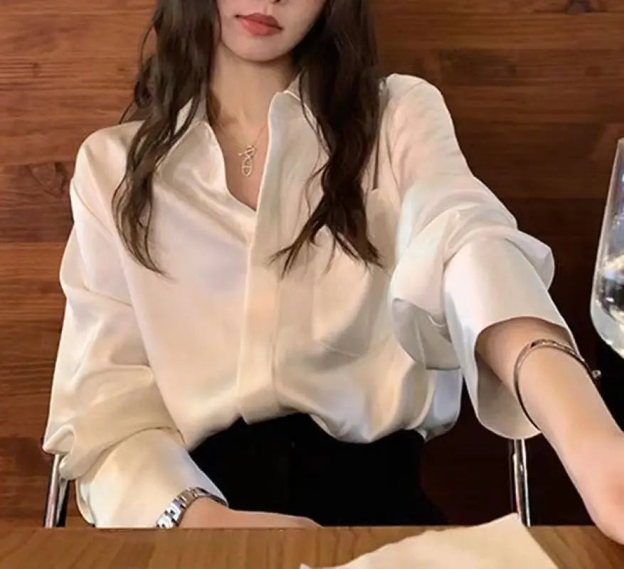 Women Autumn Shirt Vintage Stain Blouse Long Sleeve Button Down Silky Shirt Office Lady Top Korean Ladies Blouse Female Clothing