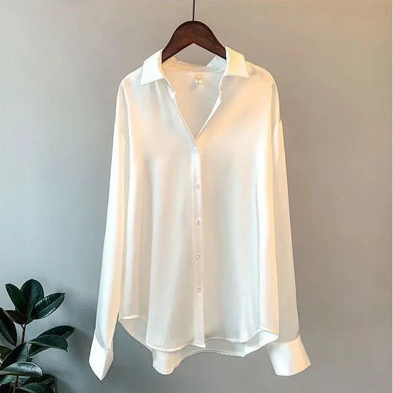 2025 Silk Korean Office Ladies Elegant Shirt Blouse Women Fashion Button Up Satin Shirt Vintage White Long Sleeve Shirts Tops