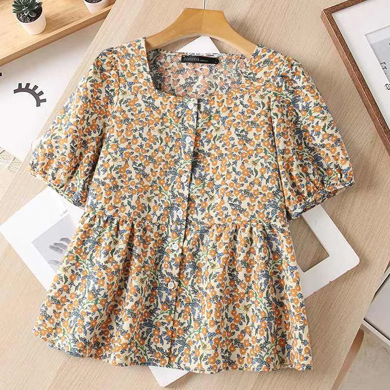 ZANZEA Sweety Tops Fashion Women Bohemian Blouse 2024 Summer Square Collar Floral Printed Shirts Holiday Pleating Office Tunics