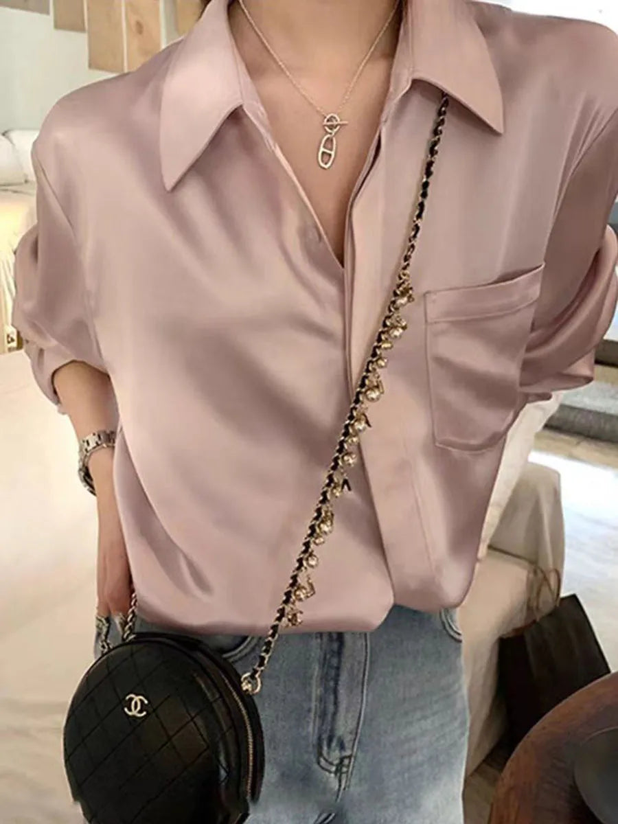 Women Autumn Shirt Vintage Stain Blouse Long Sleeve Button Down Silky Shirt Office Lady Top Korean Ladies Blouse Female Clothing