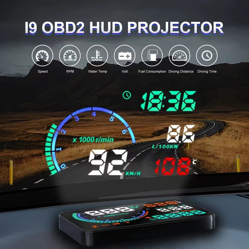 i9 HUD OBD2 Head-up Display Windshield Projector Car Gadgets Digital Speedometer RPM Water/Fuel Voltage Meter Car Electronics
