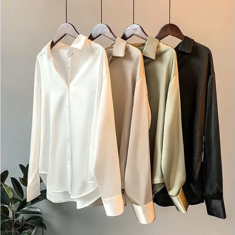 2025 Silk Korean Office Ladies Elegant Shirt Blouse Women Fashion Button Up Satin Shirt Vintage White Long Sleeve Shirts Tops