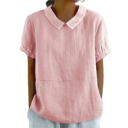 Solid Color Cotton Linen Lapel Pullover Shirt Women Summer Short Sleeve Blouse Female Comfortable Casual Simple Style Tops 2024