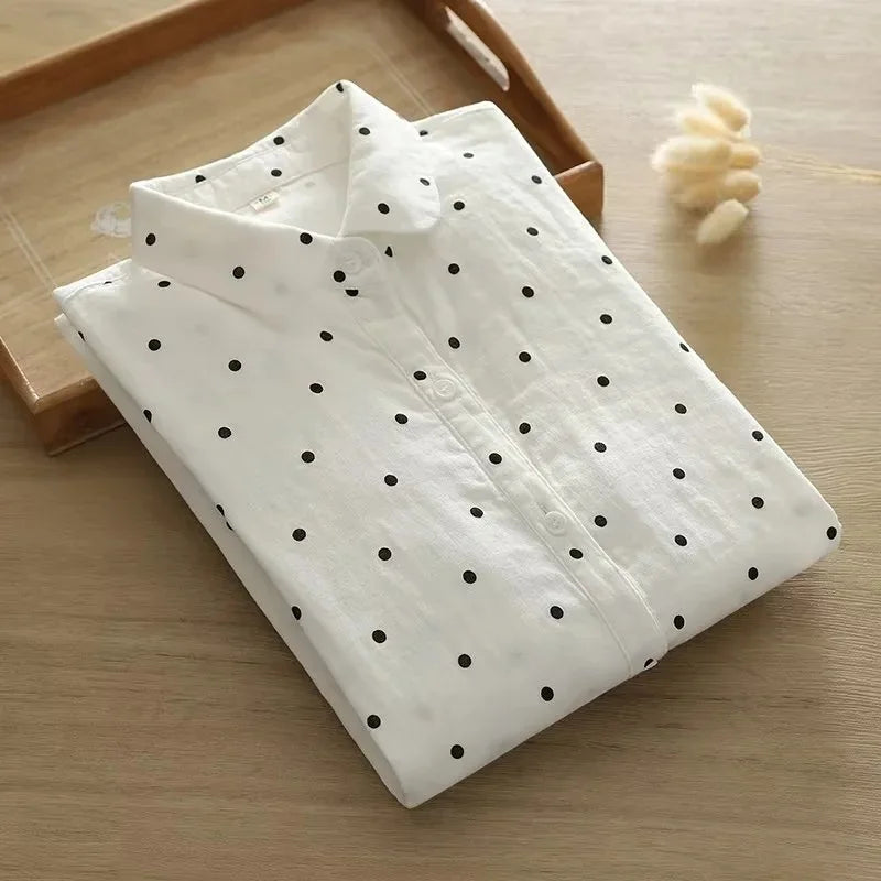 New Autumn Cotton Yarn Shirt Women Turn Down Collar Tops Girl Long Sleeve Print Cute Loose Skin Friendly Blouses Spring T39802QM